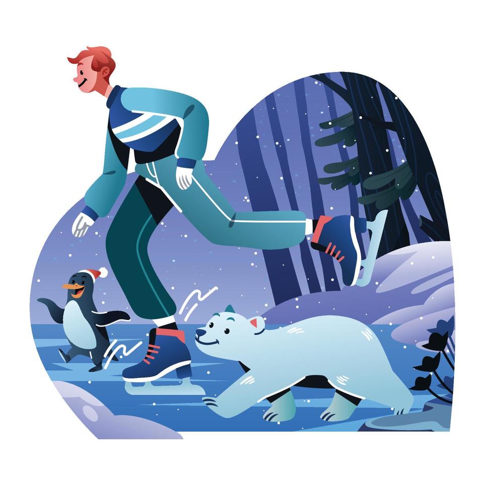 un hombre con un pingüino y un oso polar patinando en invierno vector