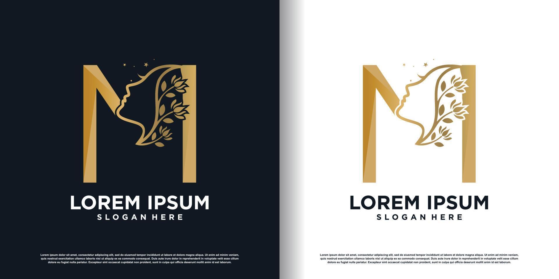 letter m logo icon with beauty women concept premium vector