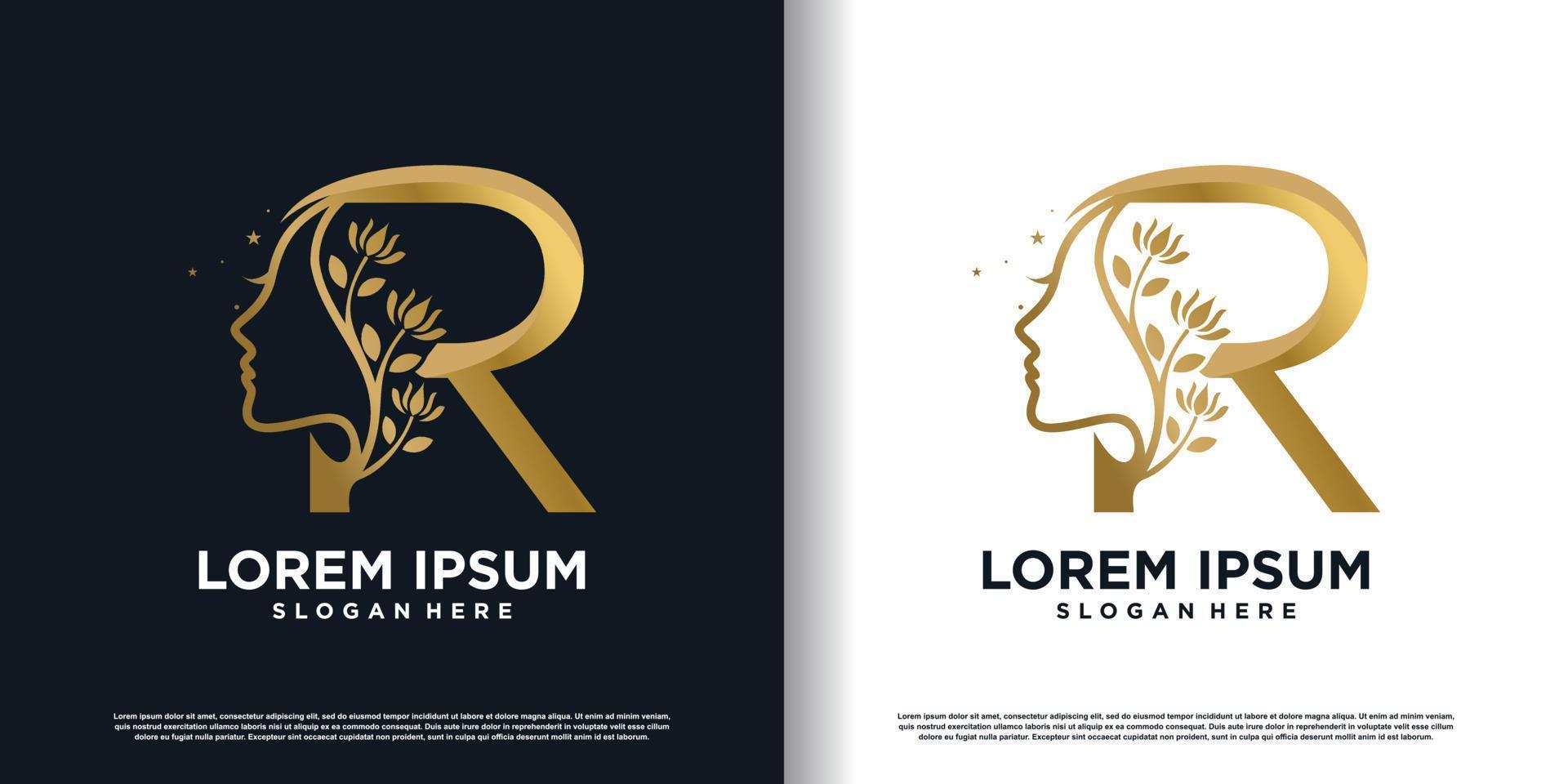 letter r logo icon with beauty women concept premium vector