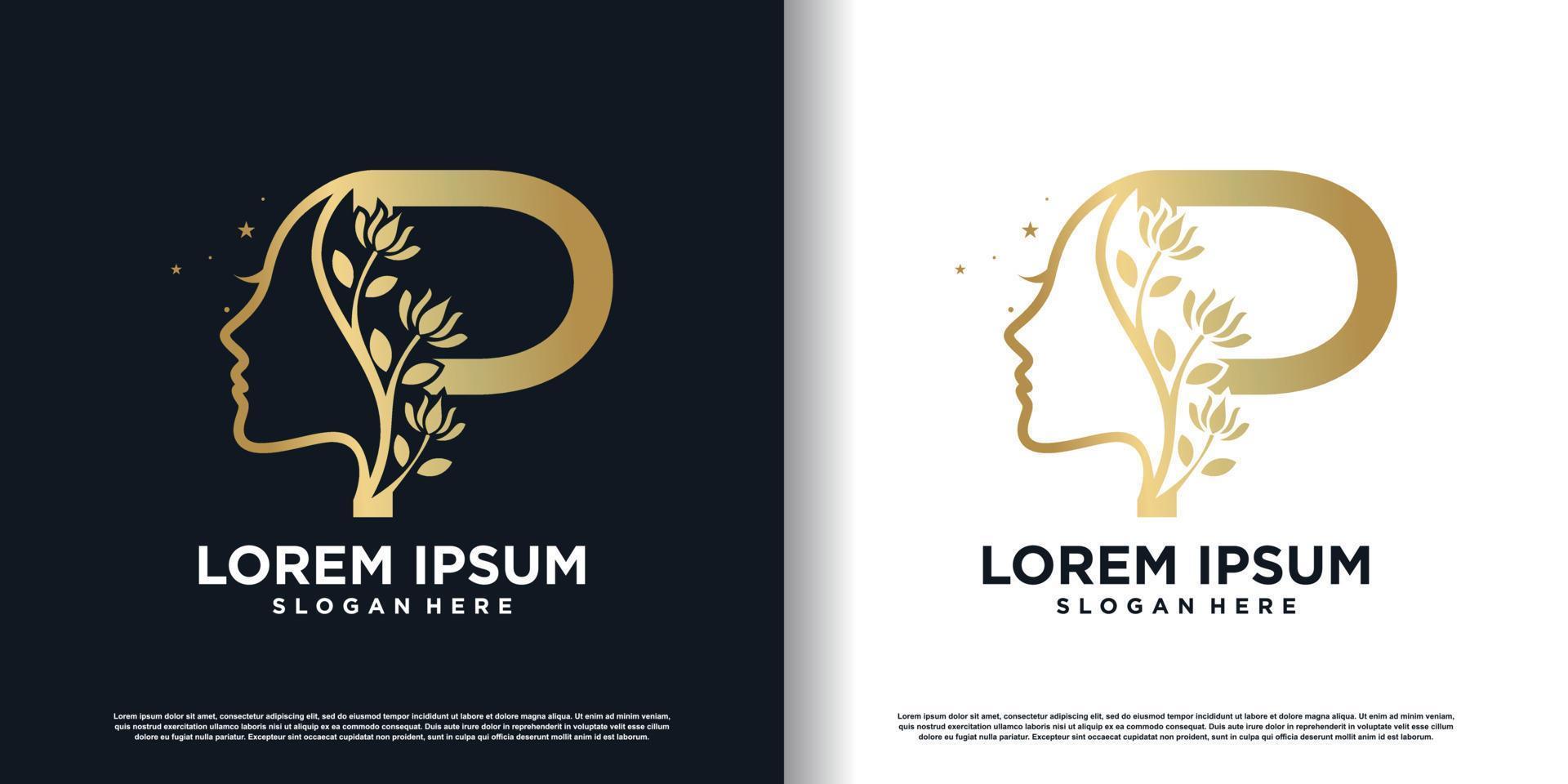 letter p logo icon with beauty women concept premium vector