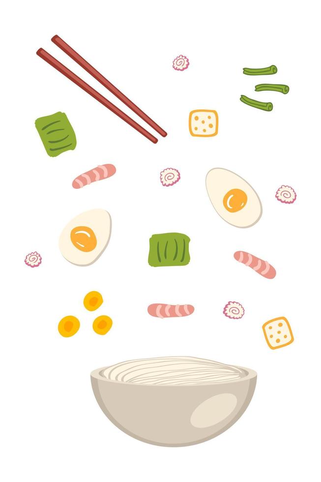 Shrimp asian ramen soup ingredients falling into a bowl of noodles. vector