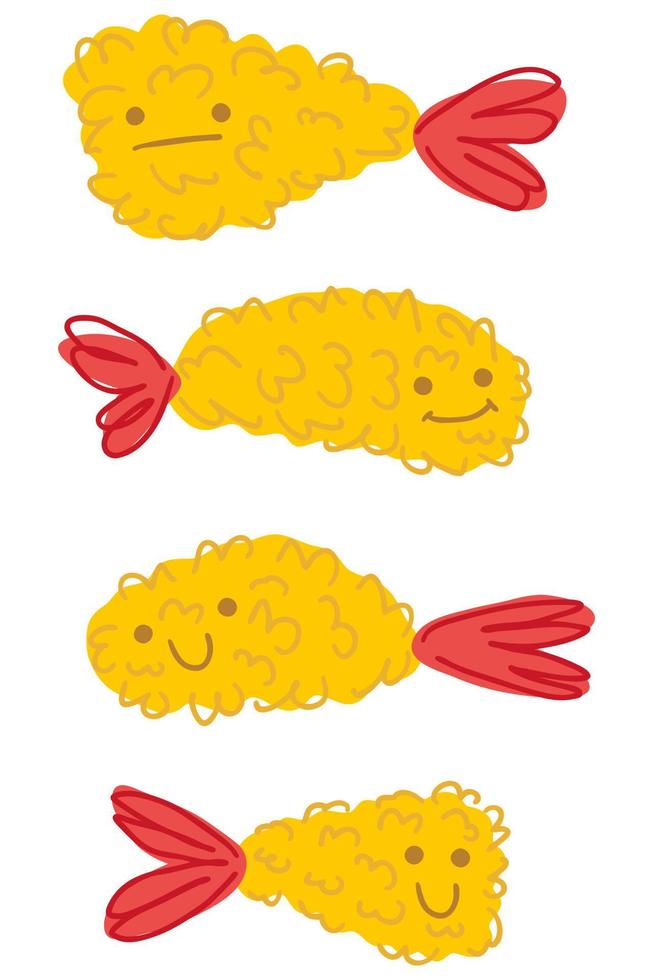 Ebi furai prawn tempura funny characters collection. vector