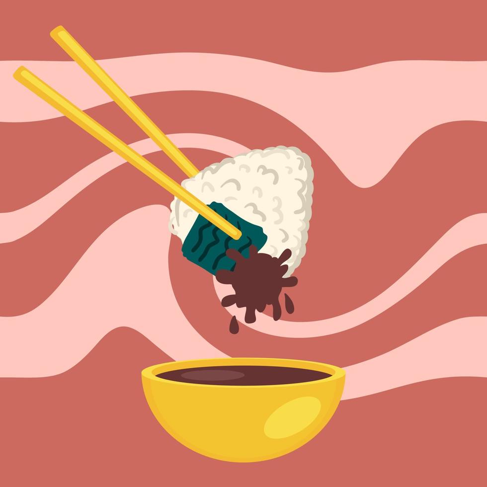 Japanese onigiri rice ball with soy sauce bowl and chopsticks. vector