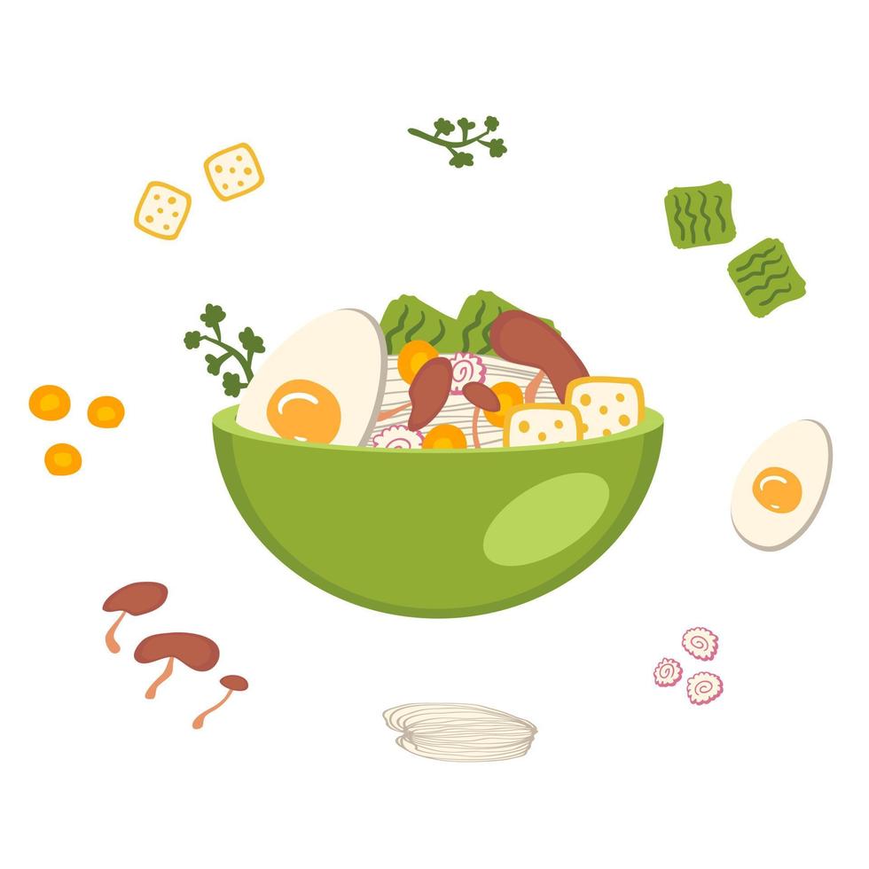 Ingredientes de la receta de sopa de ramen de comida asiática shiitake. vector