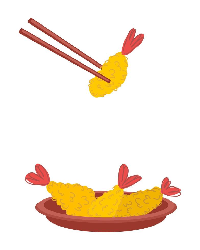 Ebi furai prawn tempura on the plate with chopsticks. vector