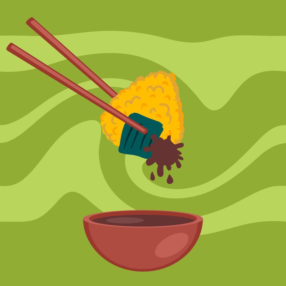 yaki onigiri bola de arroz a la parrilla con salsa de soja y palillos. vector