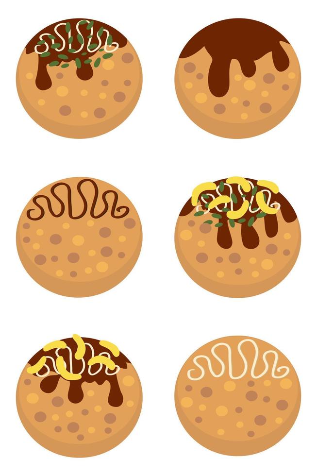 Takoyaki fried octopus balls side view collection. vector