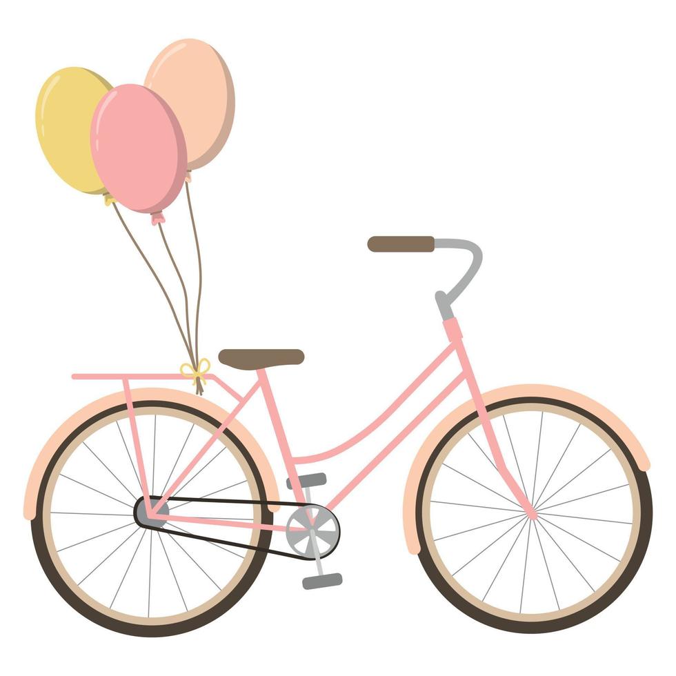 Romantic pastel pink bike with colorful balloons. Isolated on white background. Spring retro bicycle. Vector illustration.