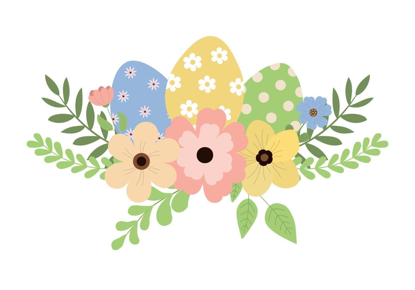Easter illustration with colorful eggs, flowers and leaves. Isolated on white background. Spring holiday design and greeting card. vector