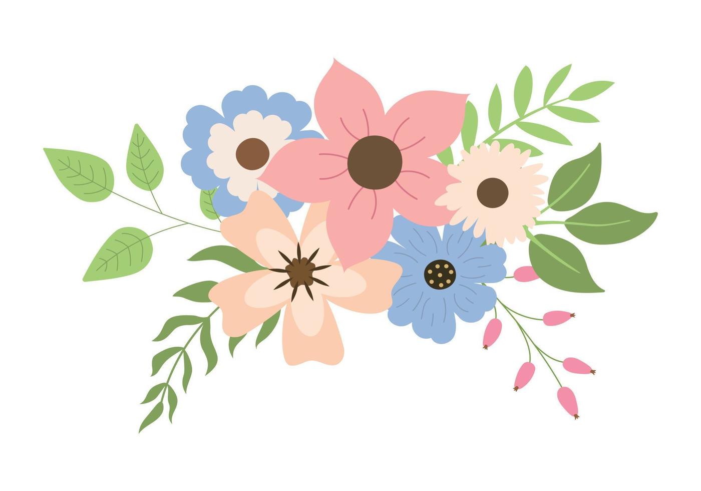 Spring colorful floral arrangement with pastel flowers and leaves. Vector illustration. Isolated on white background. Design for invitation card.