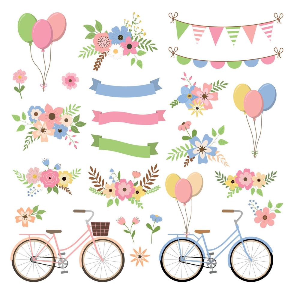 Hand drawn vintage flower bouquet set with bikes, balloons, ribbons, party buntings. Save the date design. Isolated on white background Vector wedding set with summer flowers, ribbons and bicycle.