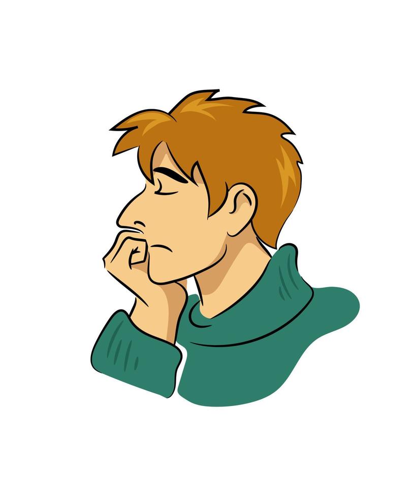 Confused young man, tired, stressed and lost in thoughts, in blue turtle neck sweater, chin on his hand. Face in profile, eyes closed, eyebrows raised, mouth tilted, brown hair disheveled. Sketch vector