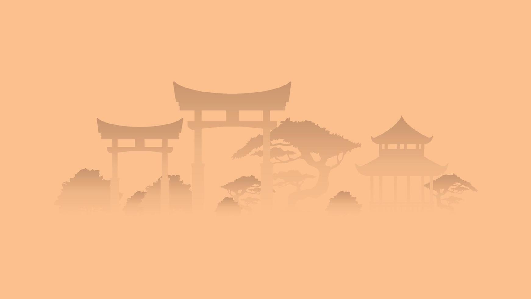 Asian architecture in foggy silhouette at sunrise. Horizontal banner. Designs for posters, web sites, postcards. Vector