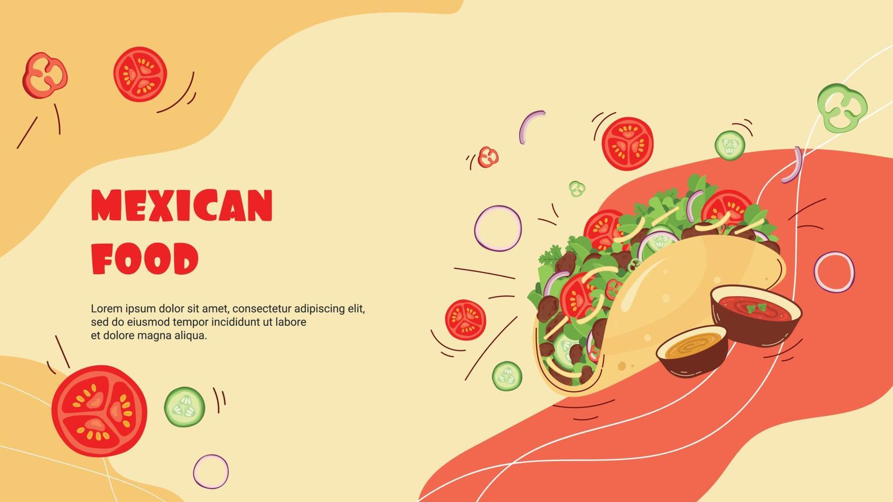 Banner template for website to promote a Mexican restaurant, bar with an illustration of a traditional vegetable chicken tacos. Vector
