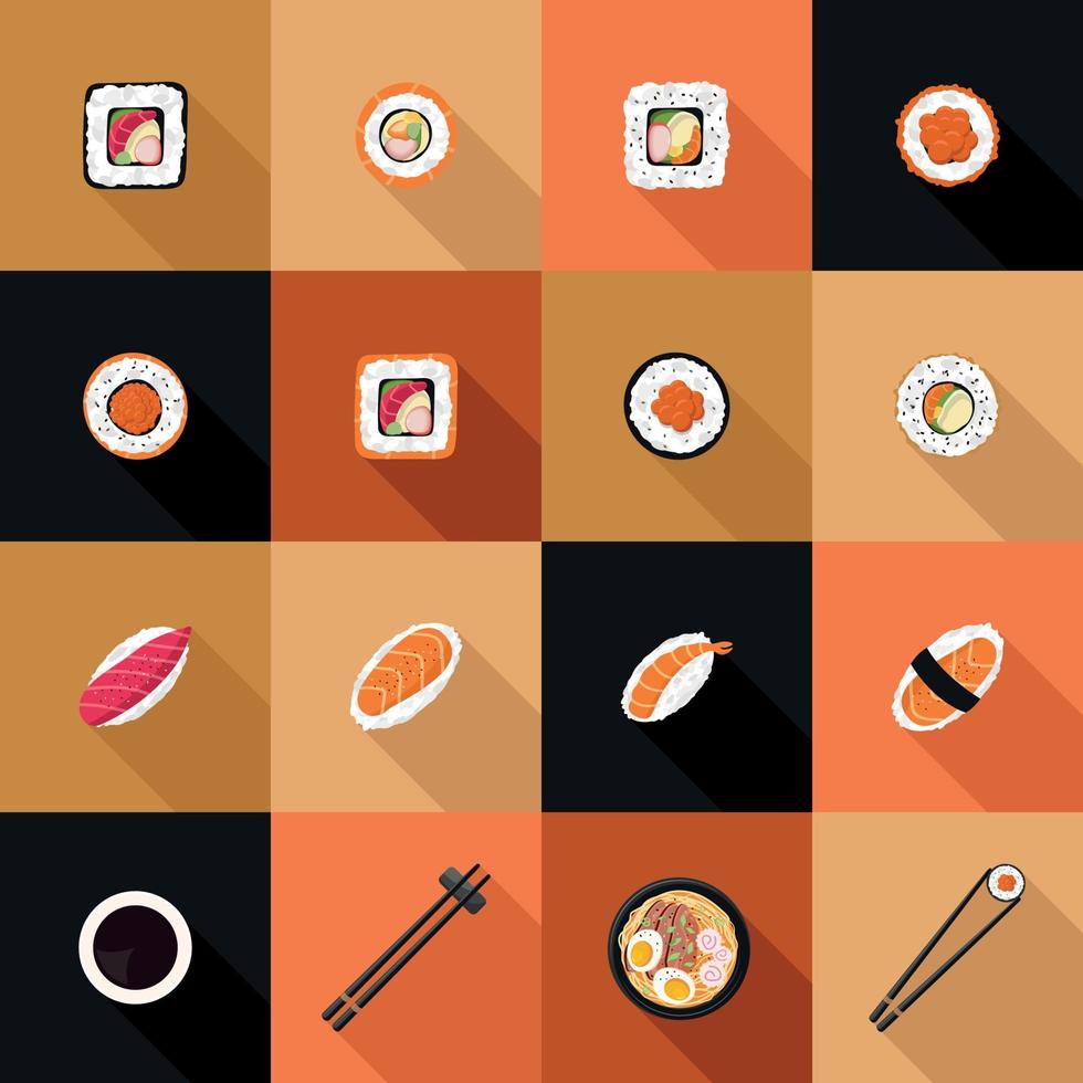 Icons in the flat style of Japanese food, sushi and rolls, ramen, sticks. For application design, Asian food delivery web site. Vector