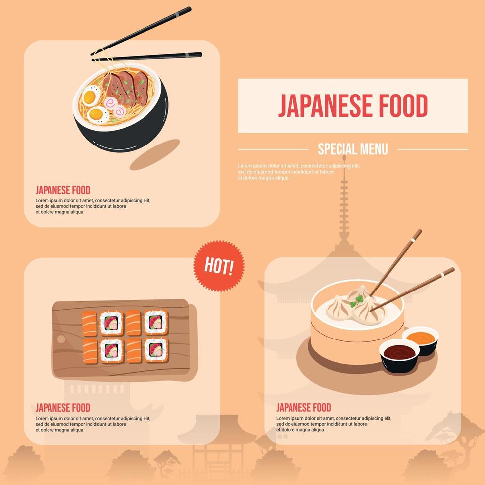 Template, social media banner with Asian food. Japanese restaurant concept with Asian architecture. Vector