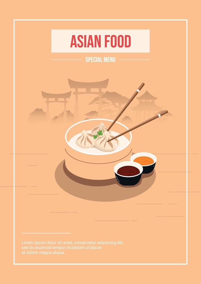 Flyer, poster with Asian architecture silhouette, Asian food advertising, Xiao lun bao for promotions, advertising, sales. Vector illustration.