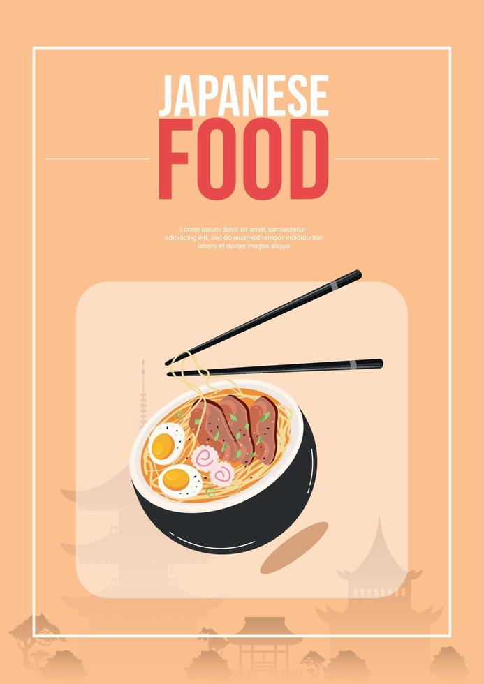 volante, afiche con silueta de arquitectura asiática, anuncios con comida japonesa, ramen para promociones, publicidad, ventas. ilustración vectorial vector