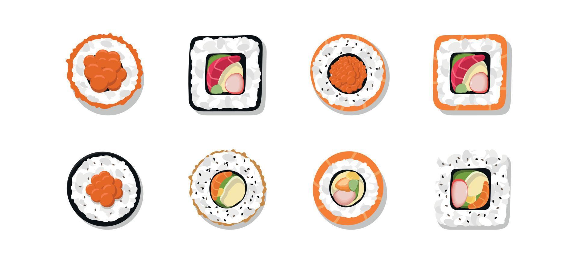 Different kinds of rolls with salmon, tuna, avocado, rice and nori isolated on a white background. Traditional Japanese food. Vector flat illustration.