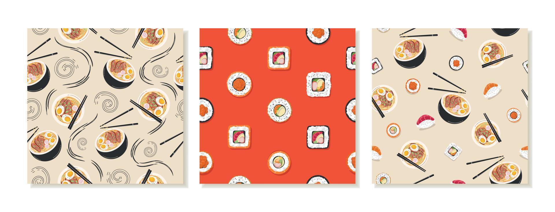 plantillas de fondo cuadradas con patrones de redes sociales impecables para restaurantes japoneses asiáticos. comida asiática, panecillos, ramen. vector
