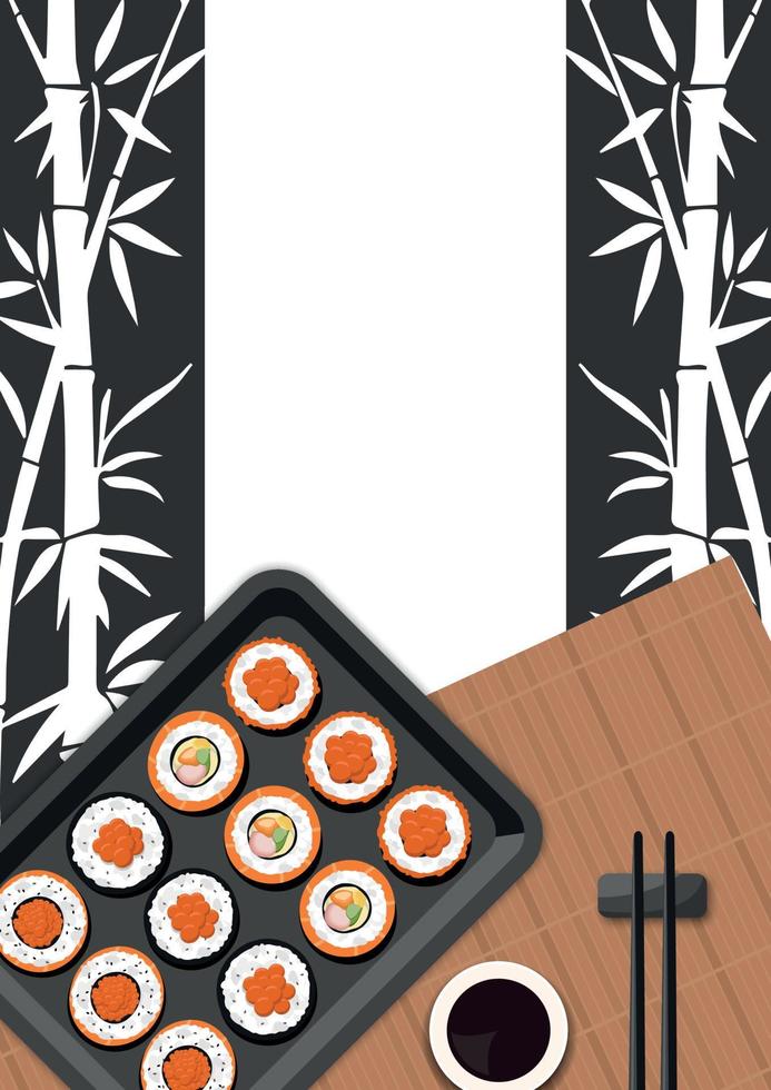 Flyer, poster with space for text, ads with Japanese food, rolls for promotions, advertising, sales. Vector illustration.