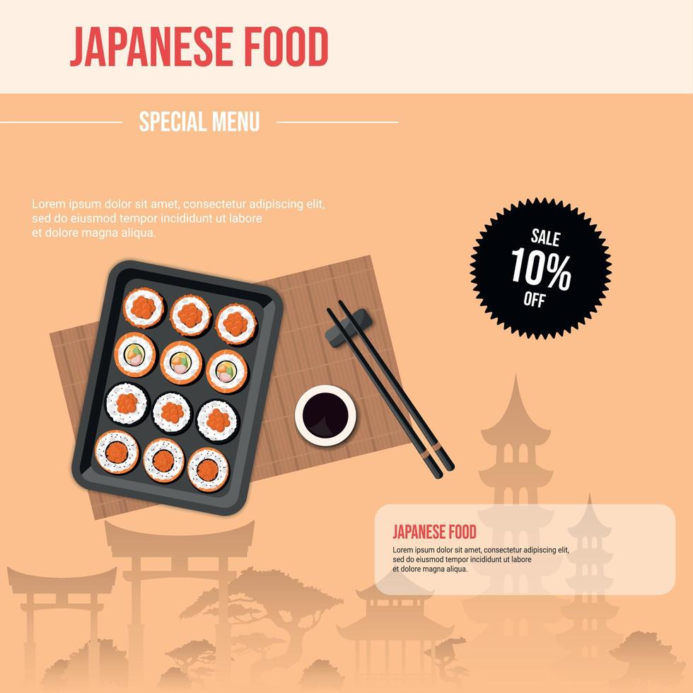 un cartel cuadrado para promocionar un restaurante de comida asiática japonesa con panecillos. vector