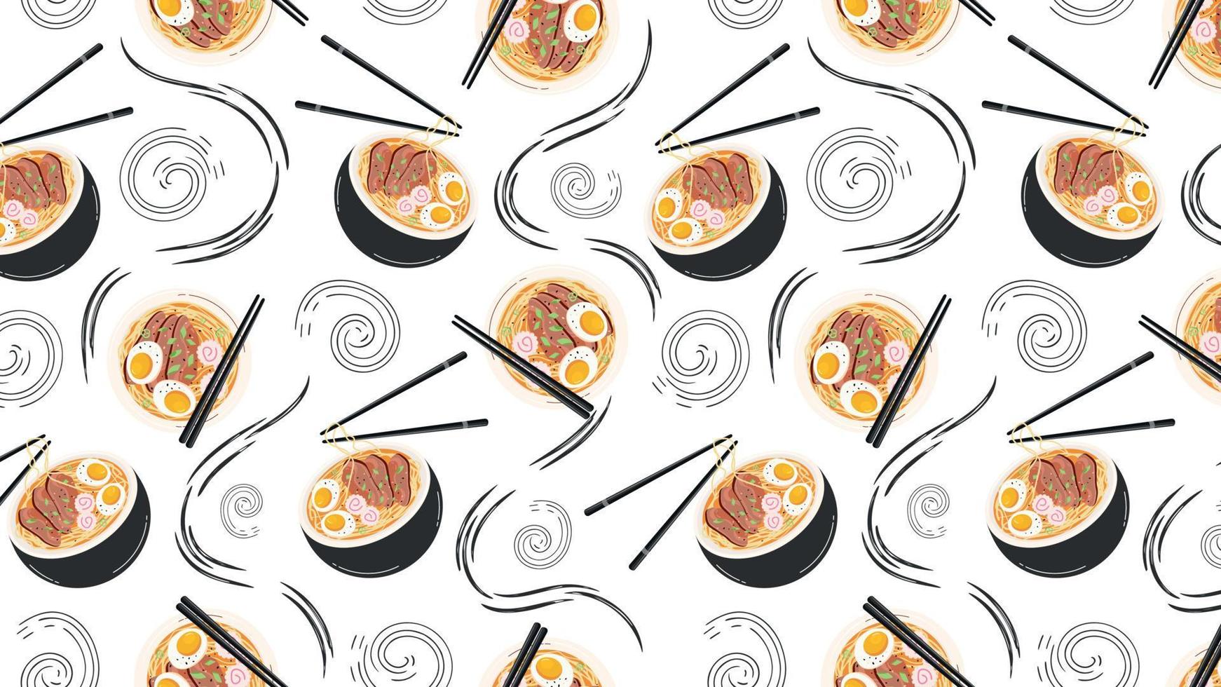 Horizontal background with Seamless pattern with Japanese ramen soup. Asian food for printing on paper, textiles, for banners and backgrounds. Vector