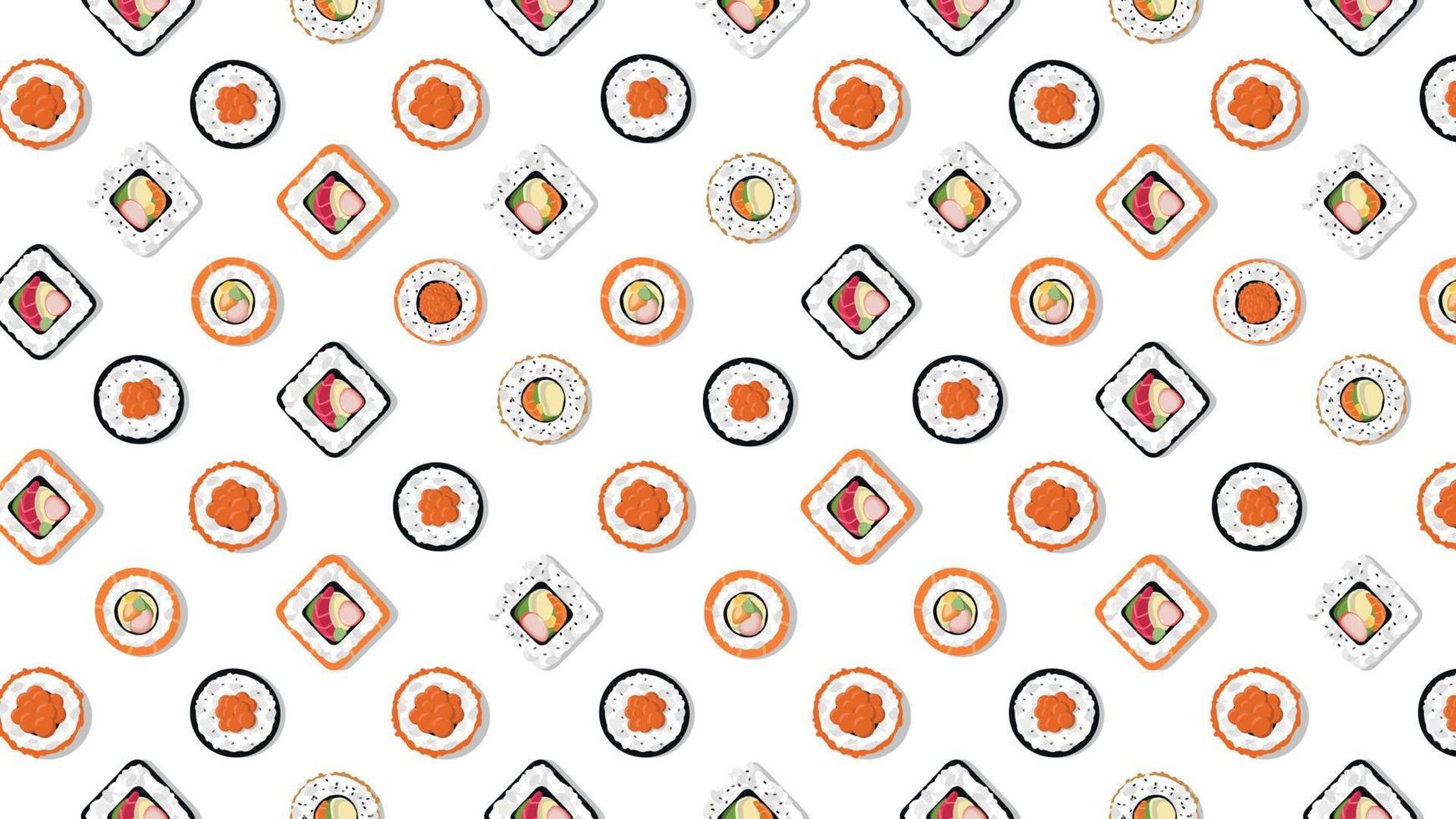 Horizontal seamless pattern with rolls on white background. Asian Japanese cuisine concept. Print on paper, textile. Vector