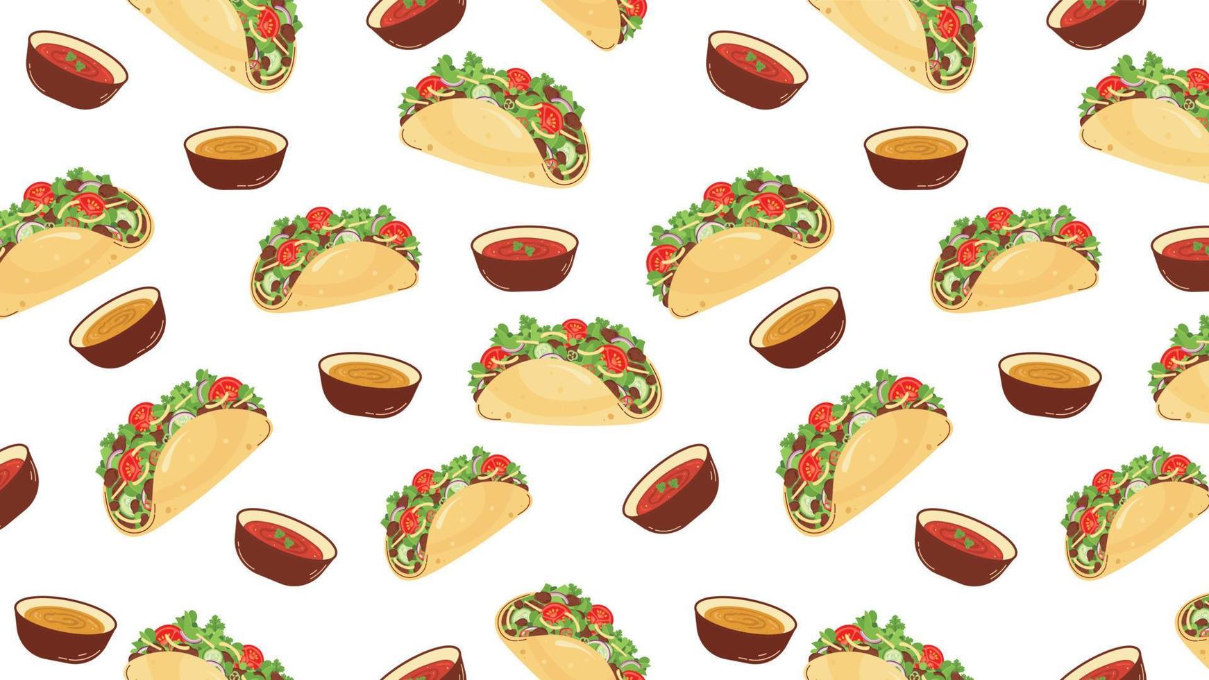 Horizontal seamless pattern with Mexican food. Tacos with sauces. Latin American food on white background. Vector illustration.