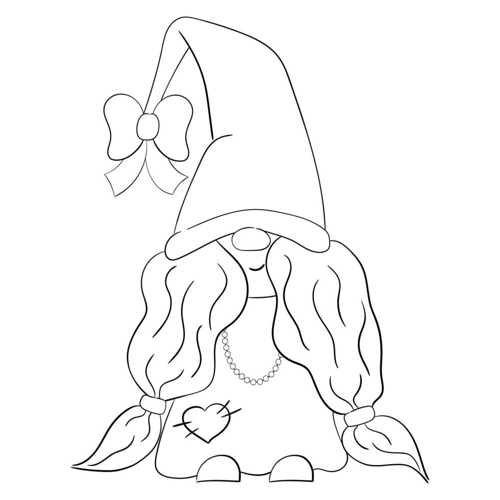 Cartoon Christmas gnome girl for coloring book. Linear design for children's coloring books. vector