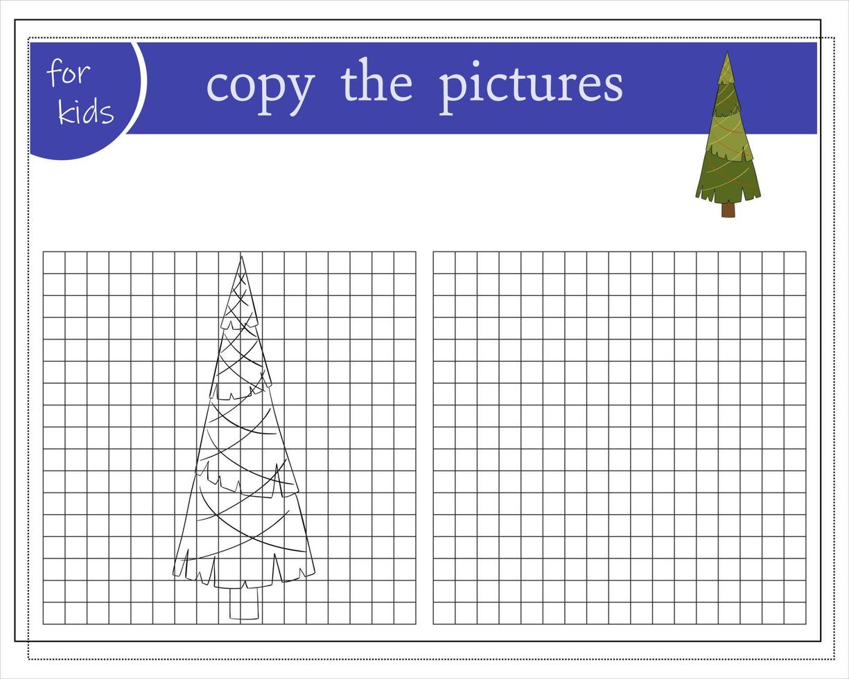 copia la imagen, juegos educativos para niños, árbol de navidad de dibujos animados. vector