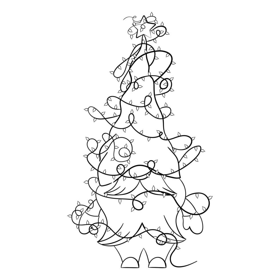 Cartoon Christmas gnome with Christmas garlands for coloring book. Linear design for children's coloring pages. vector