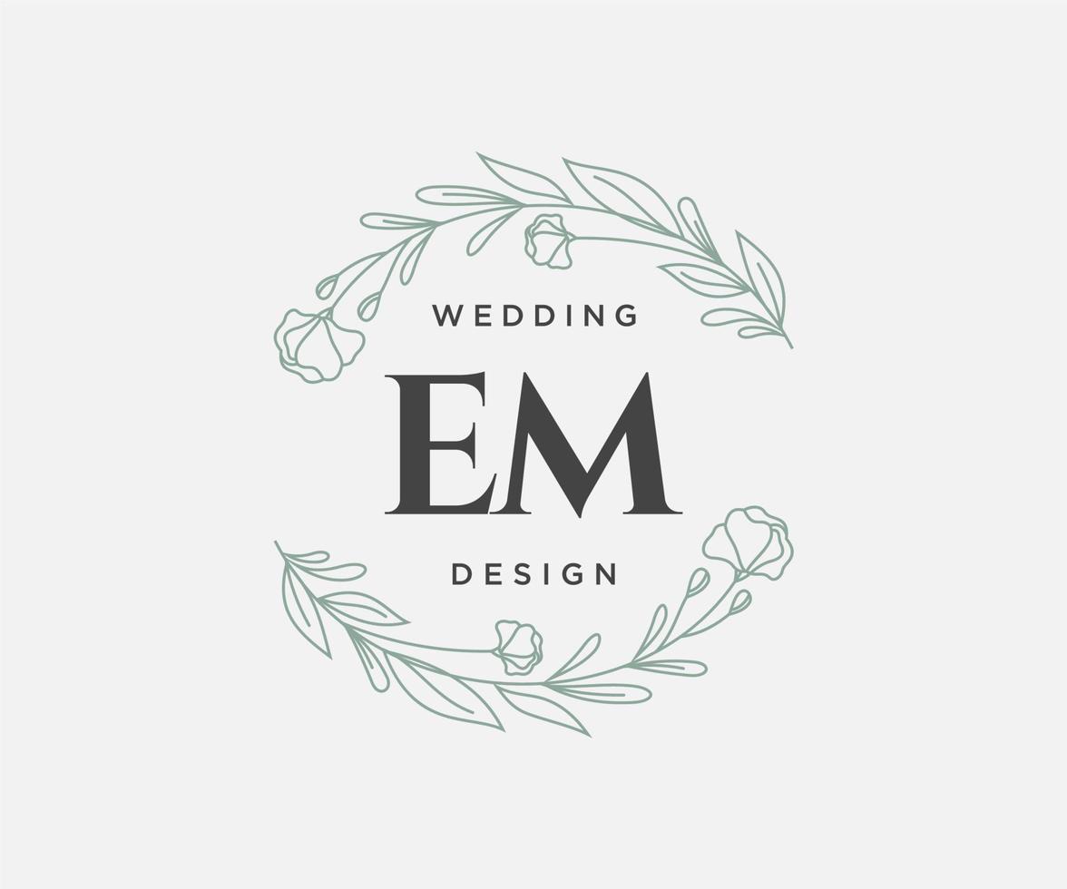 colección de logotipos de monograma de boda con letras iniciales em, plantillas florales y minimalistas modernas dibujadas a mano para tarjetas de invitación, guardar la fecha, identidad elegante para restaurante, boutique, café en vector