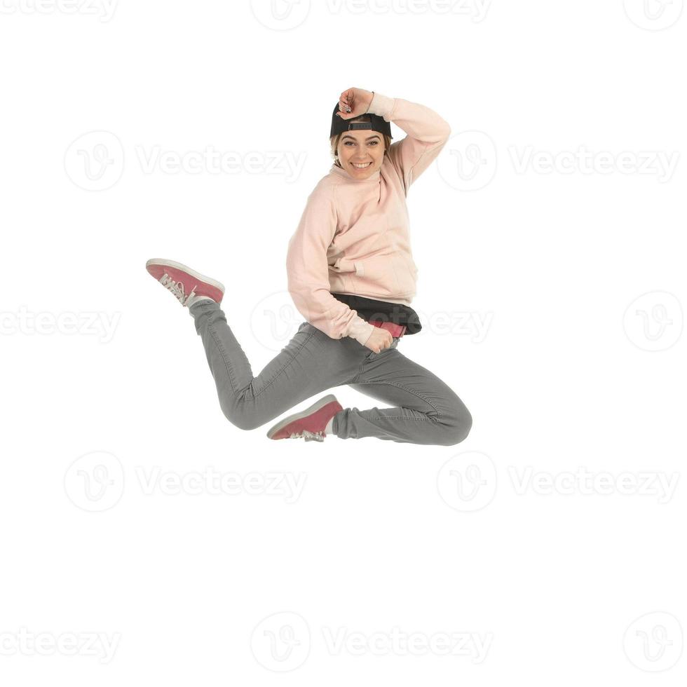 girl smiling and jumping photo