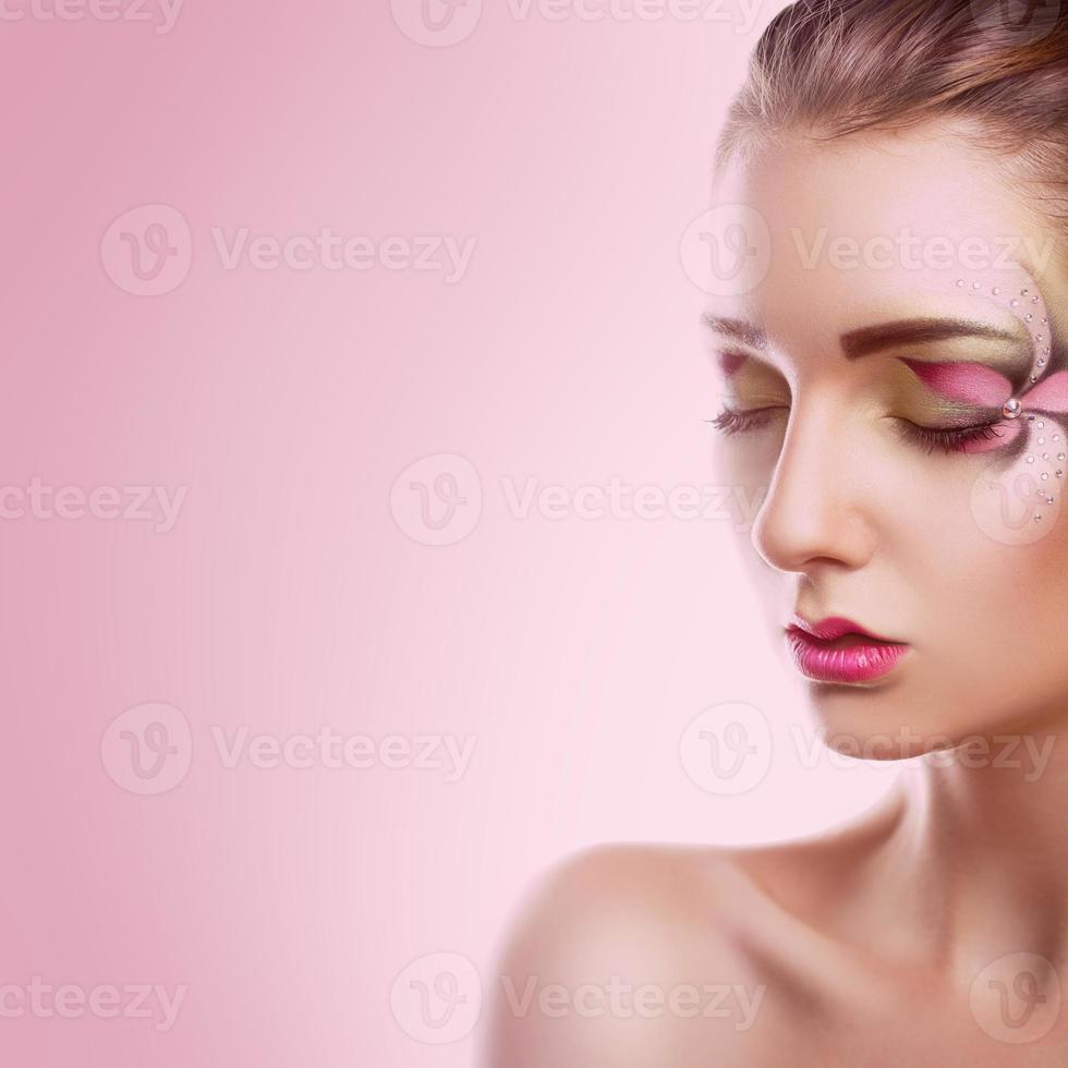 Square photo of gorgeous adult girl with closed eyes on pink background