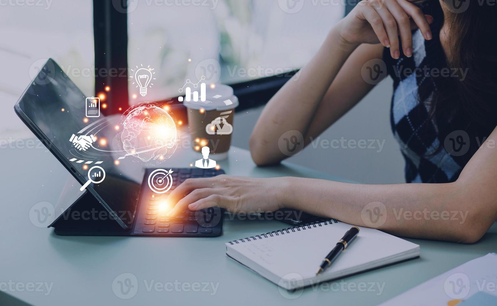 woman Hand holding virtual Global Internet connection metaverse. Business global internet connection application technology and digital marketing, Financial and banking, Digital link tech, big data. photo