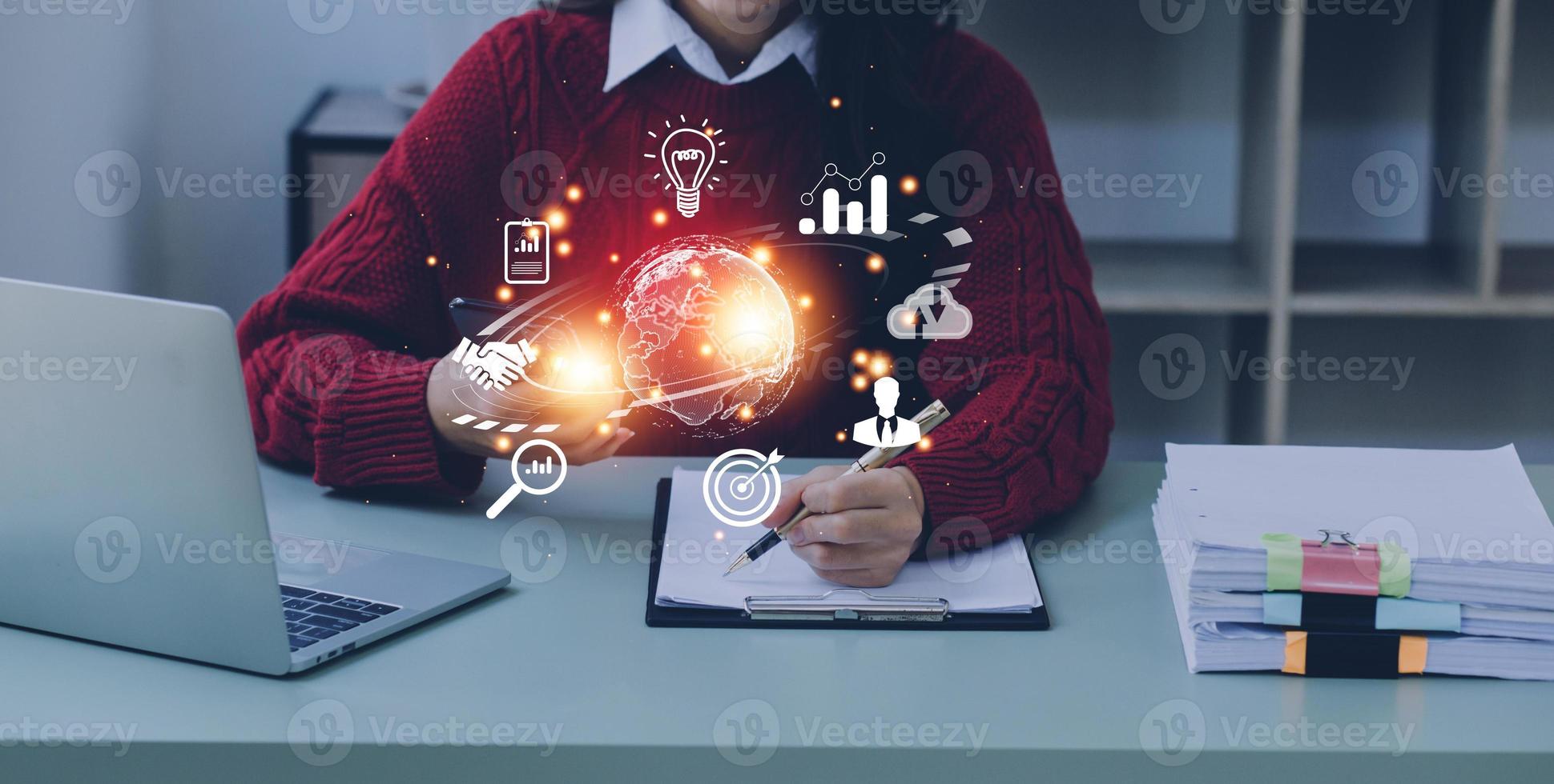 woman Hand holding virtual Global Internet connection metaverse. Business global internet connection application technology and digital marketing, Financial and banking, Digital link tech, big data. photo