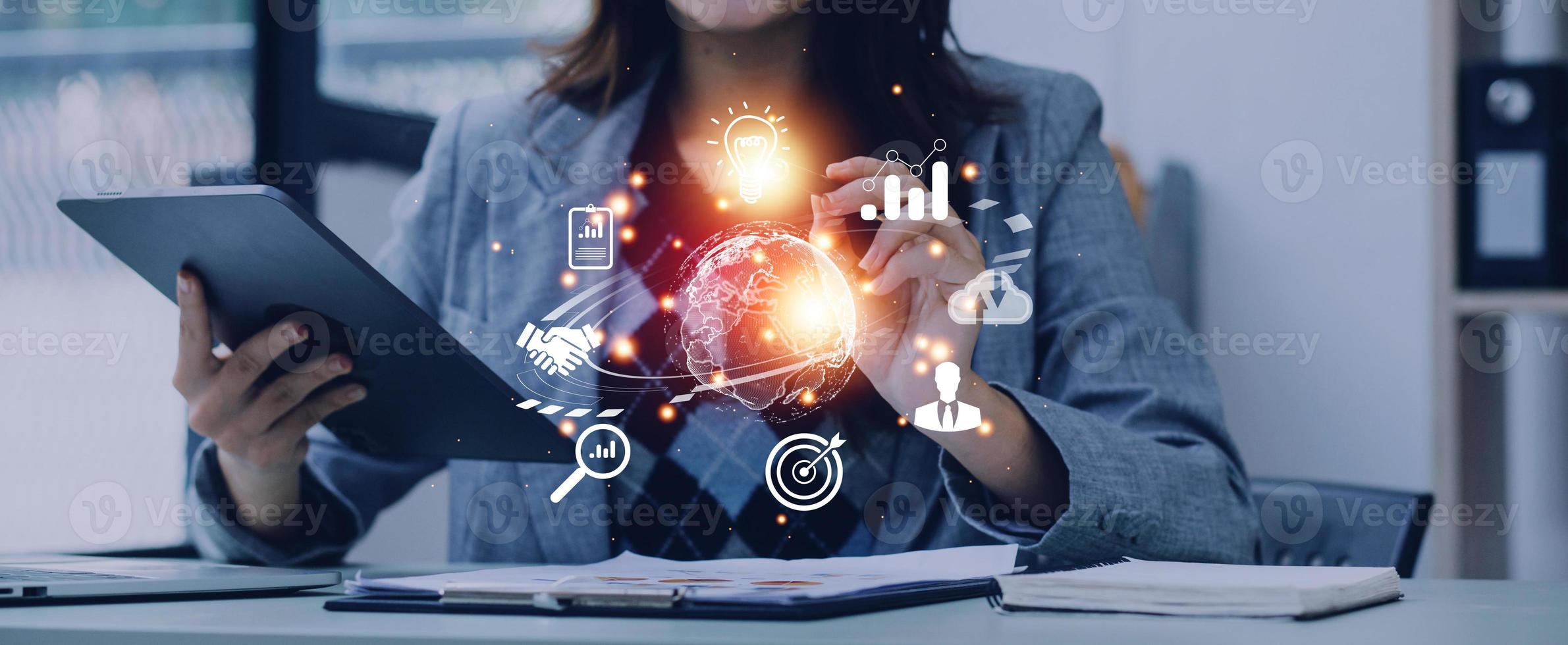 woman Hand holding virtual Global Internet connection metaverse. Business global internet connection application technology and digital marketing, Financial and banking, Digital link tech, big data. photo
