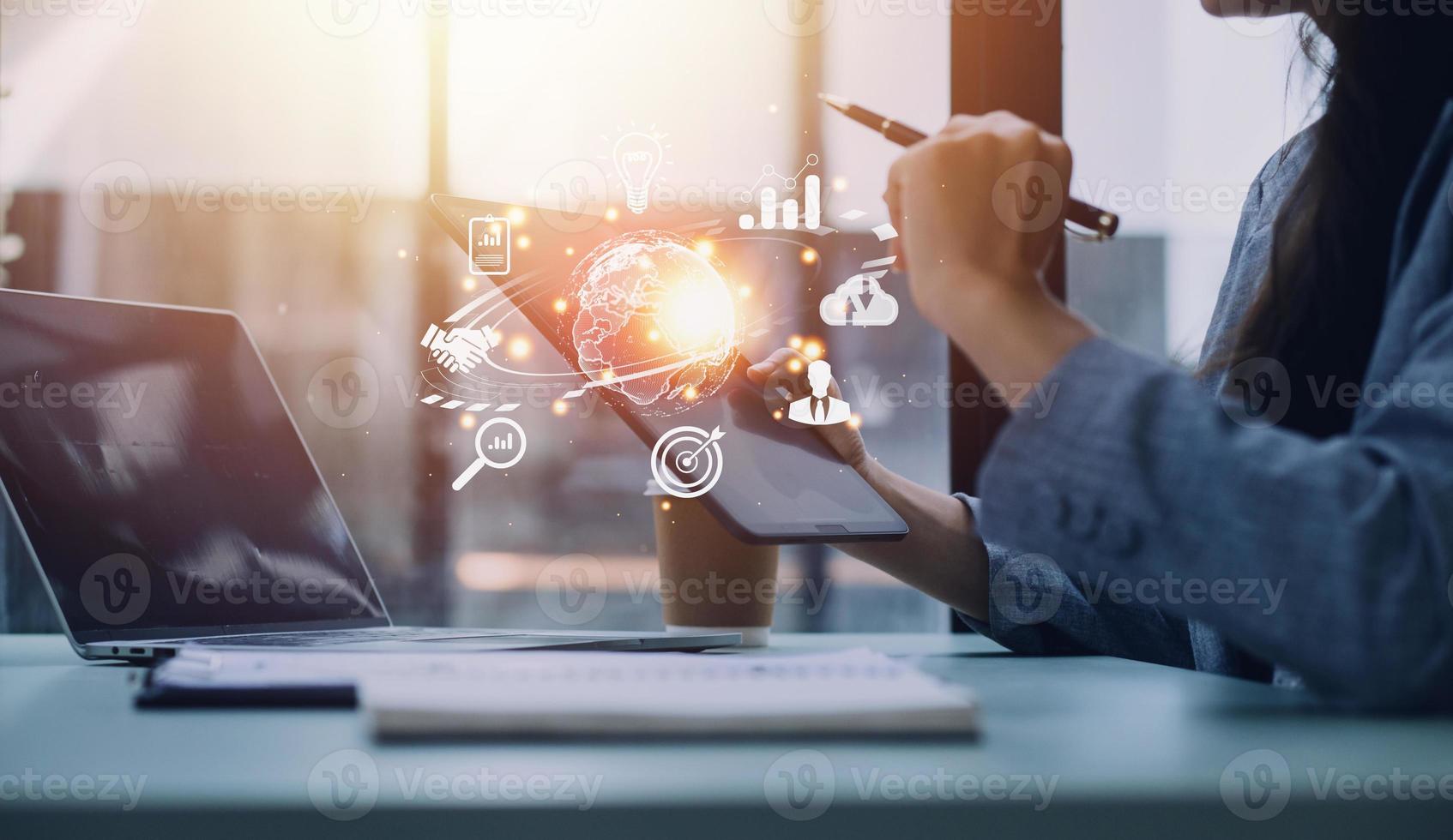woman Hand holding virtual Global Internet connection metaverse. Business global internet connection application technology and digital marketing, Financial and banking, Digital link tech, big data. photo