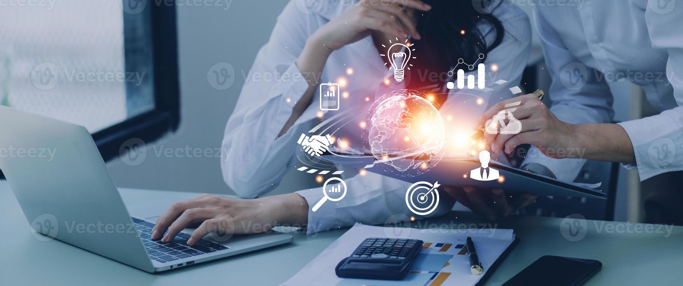 woman Hand holding virtual Global Internet connection metaverse. Business global internet connection application technology and digital marketing, Financial and banking, Digital link tech, big data. photo