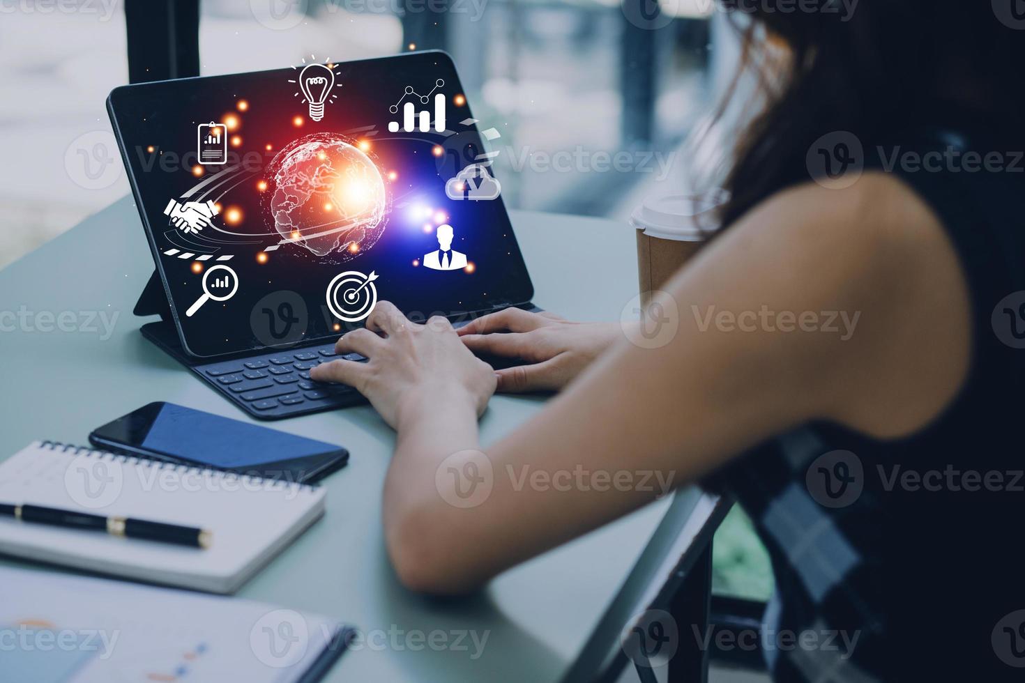 woman Hand holding virtual Global Internet connection metaverse. Business global internet connection application technology and digital marketing, Financial and banking, Digital link tech, big data. photo
