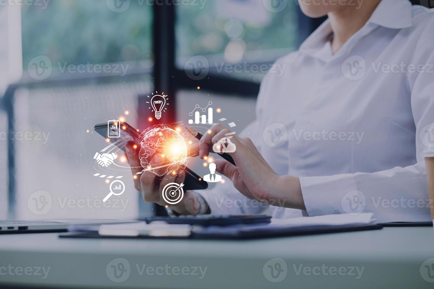 woman Hand holding virtual Global Internet connection metaverse. Business global internet connection application technology and digital marketing, Financial and banking, Digital link tech, big data. photo