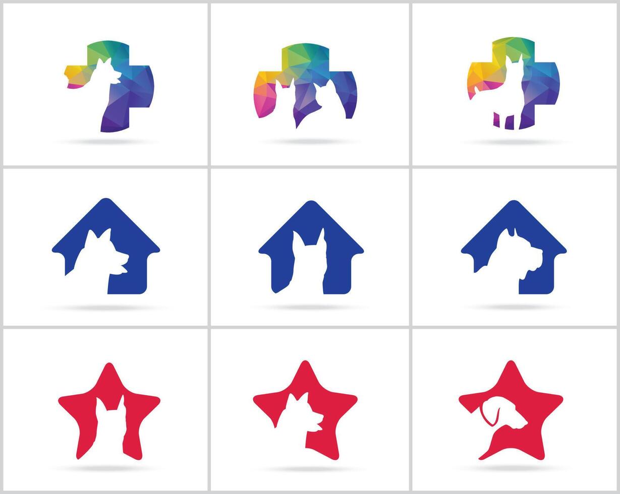 conjunto de diseño de logotipo de perro, centro de cuidado de mascotas, iconos de vector de hospital de animales.