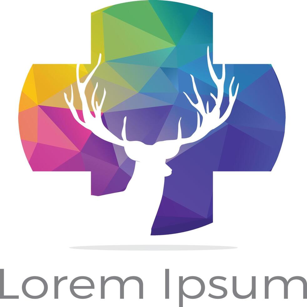 Deer care and medical center logo. Deer in medical cross vector. vector