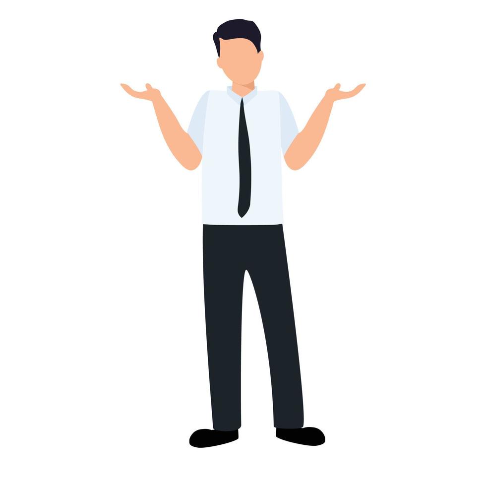 European man shrug. Man in business costume say I do not know. Vector illustration. Oops