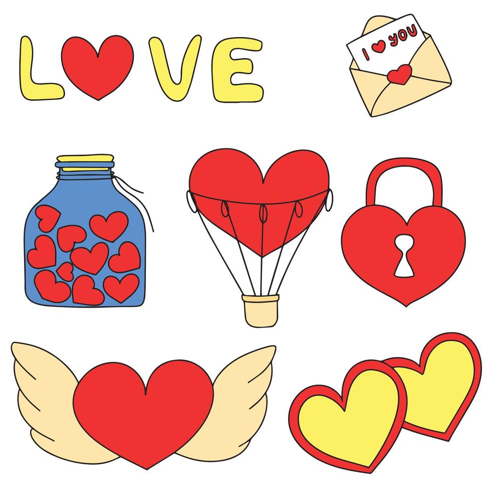 Set of many hand draw elements for Valentine's Day with heart. Letter, air balloon, bottle with heart, lock, wings. Love elements in doodle style with color. Vector illustration.