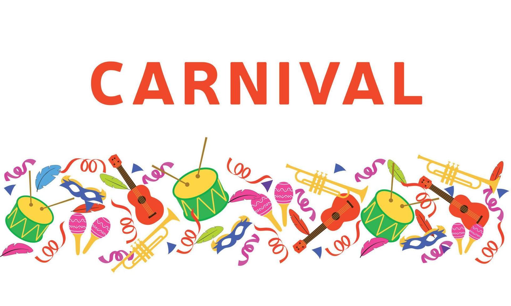 Banner carnival with many musical instruments. Drum, ukulele, trumpet, maracas. Vector illustration.