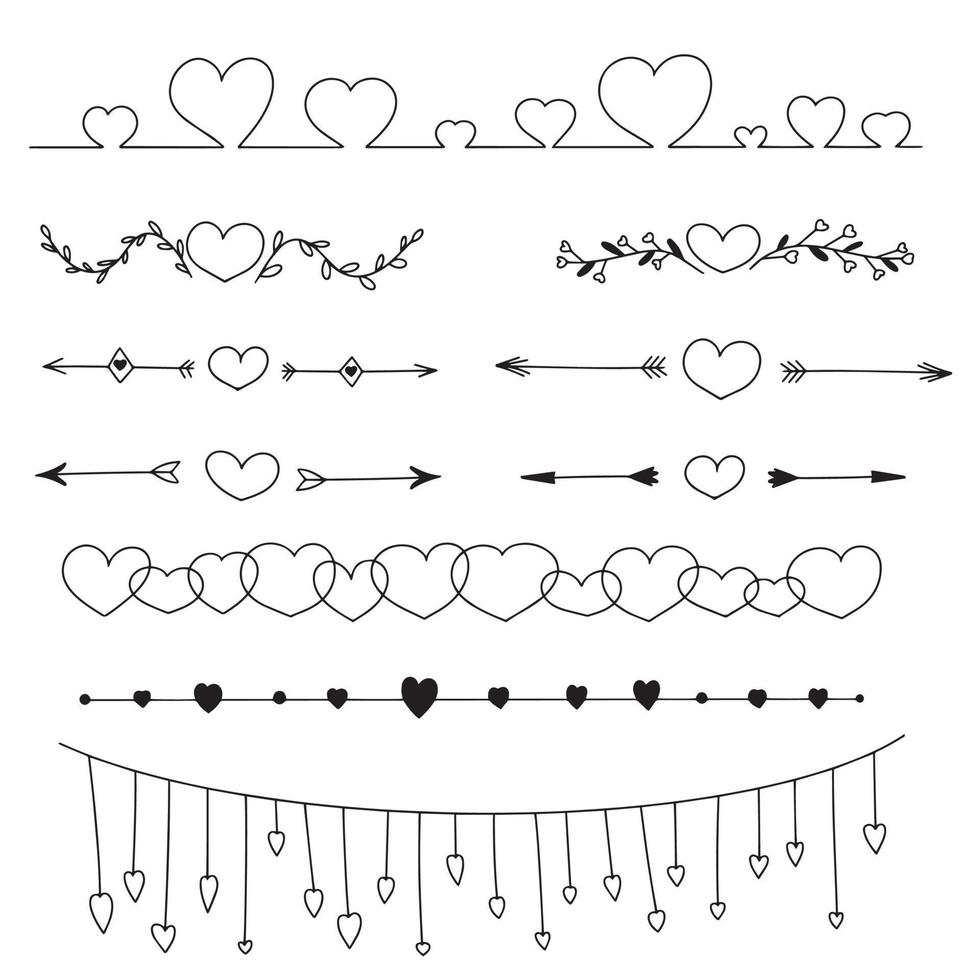 Divisores de dibujo a mano con corazón en estilo doodle. ilustración vectorial vector