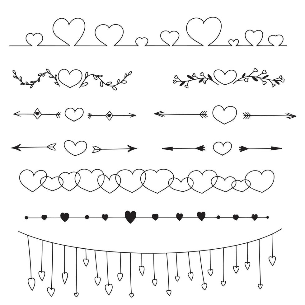Hand draw dividers with heart in doodle style. Vector illustration.