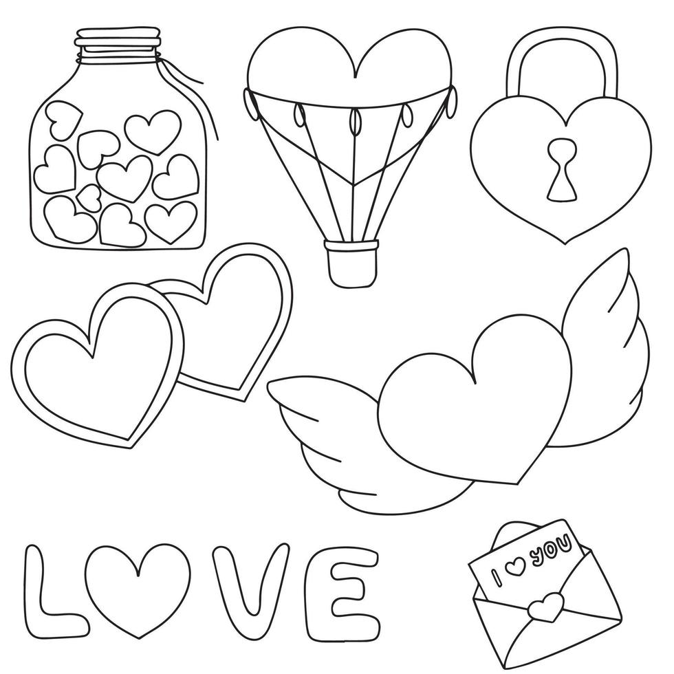 Set of Valentine's Day elements in doodle style. Lock as heart, air balloon, hearts in bottle, letter I love you. Love. Vector illustration.